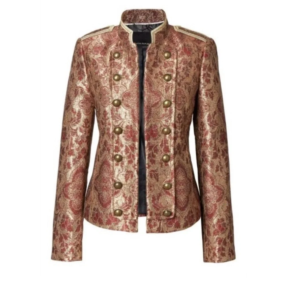 Metallic Paisley Brocade Military Jacket - Gold - Picture 2 of 5
